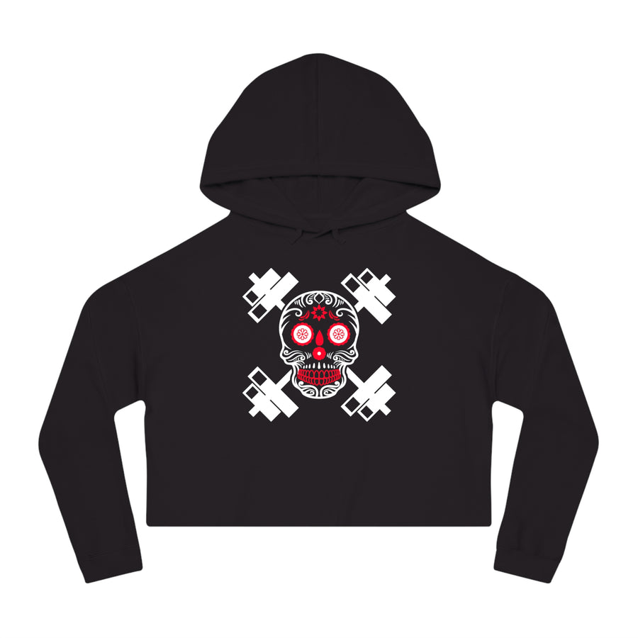 Women’s Cropped Hooded Sweatshirt - Red Skull White Barbells