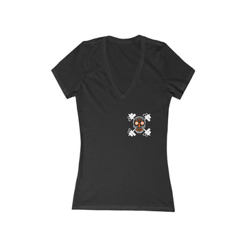 Women's Jersey Short Sleeve Deep V-Neck Tee - Orange Skull